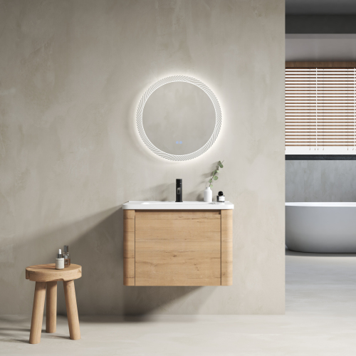 28-Inch Imitative Oak Plywood Wall-Mounted Bathroom Vanity with Ceramic Sink