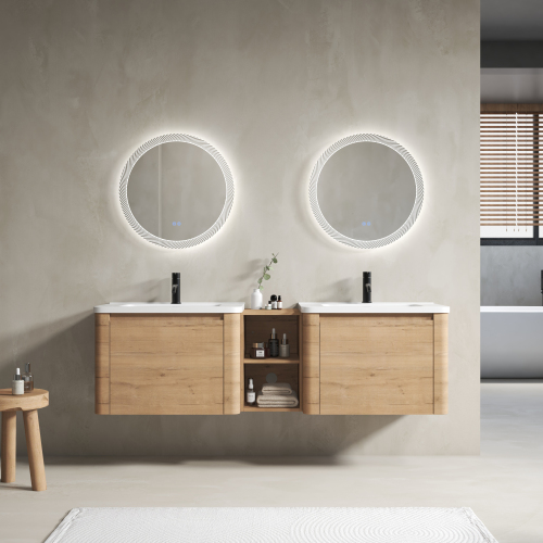 68-Inch Imitative Oak Plywood Wall-Mounted Vanity with Ceramic Sink