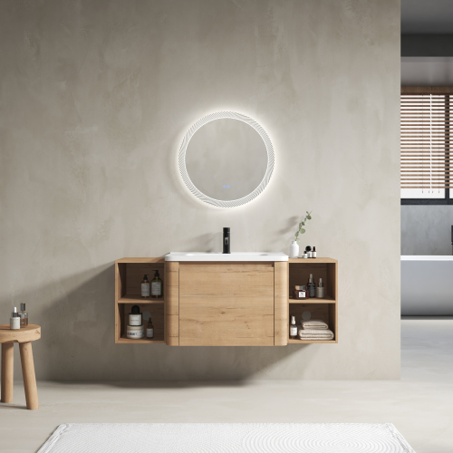 52-Inch Imitative Oak Plywood Wall-Mounted Vanity with Ceramic Sink