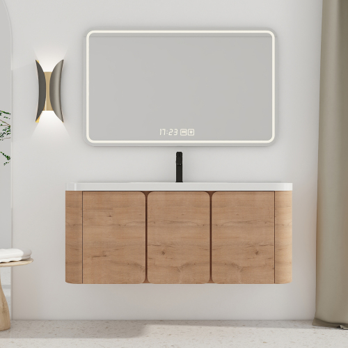 48-Inch Imitative Oak Plywood Wall-Mounted Bathroom Vanity with Sink