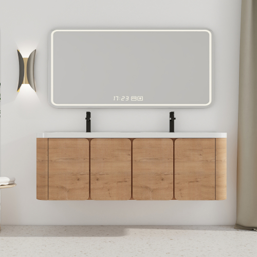 60-Inch Imitative Oak Plywood Wall-Mounted Vanity with Resin Sink