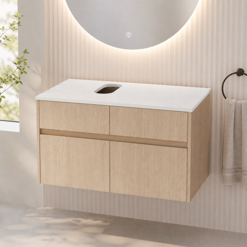 32-Inch White Oak Wall-Mounted Particle Board and PVC Bathroom Vanity