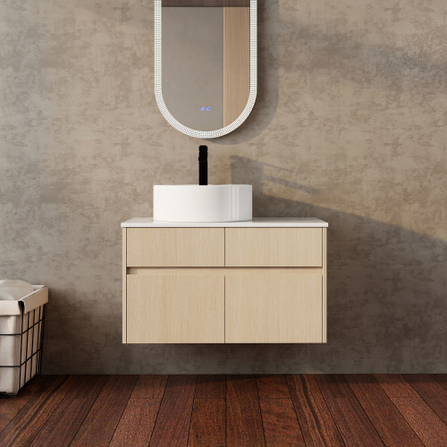32-Inch Fang White Oak Wall-Mounted Bathroom Vanity, Particle Board/PVC