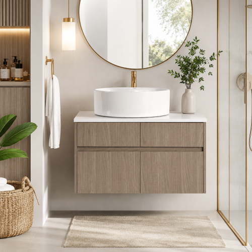 32-Inch Bouguer Walnut Wall-Mounted Vanity in Particle Board and PVC