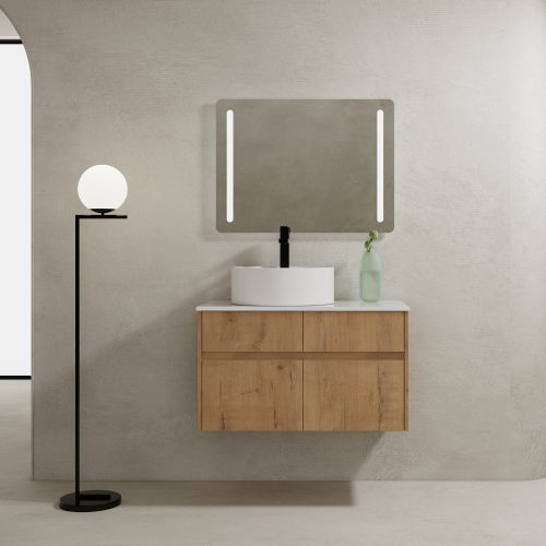 32-Inch White Oak Plywood Wall-Mounted Vanity with Ceramic Sink
