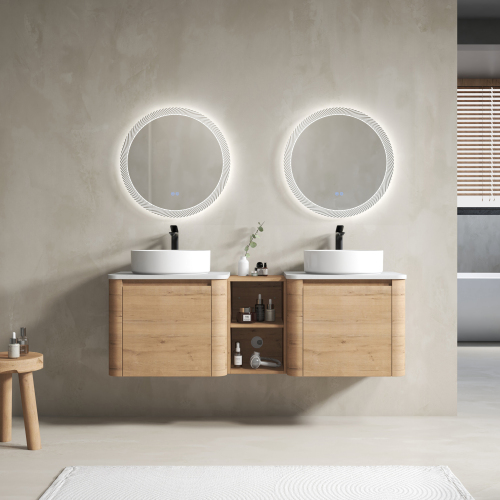 60-Inch Wall-Mounted Plywood Vanity, 24 in x 2, Imitative Oak