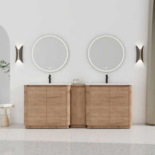 84-Inch Imitative Oak Plywood Bathroom Vanity with Ceramic Sinks