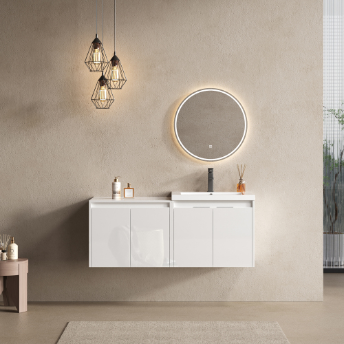 48" Bathroom Vanity With Resin Sink, Soft Close Doors & Wall Cabinet, Float Mounting Design, Glossy White, Plywood(KD-Packing) - 48" Glossy White Vanity - Modern