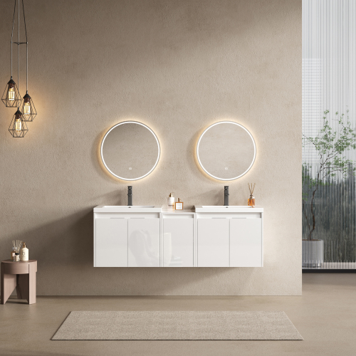 60-Inch Glossy White Plywood Floating Vanity with Resin Sink