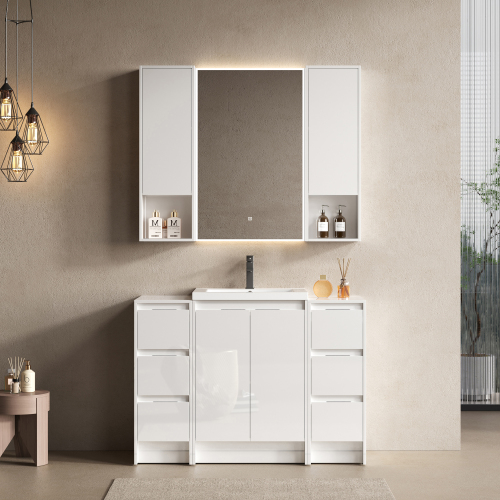48-Inch Glossy White Plywood Vanity with Resin Sink and Soft-Close Storage