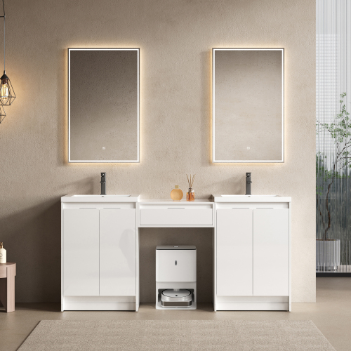 72-Inch Glossy White Plywood Vanity with Resin Sink and Side Cabinet