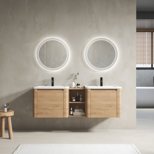 60-Inch Imitative Oak Plywood Wall-Mounted Vanity with Ceramic Sink