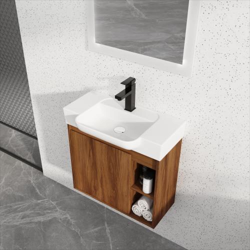 24-Inch Brown Ebony Plywood Wall-Mounted Bathroom Vanity with Ceramic Sink