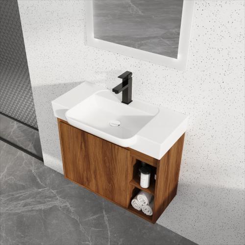 28-Inch Brown Ebony Plywood Wall-Mounted Bathroom Vanity with Sink