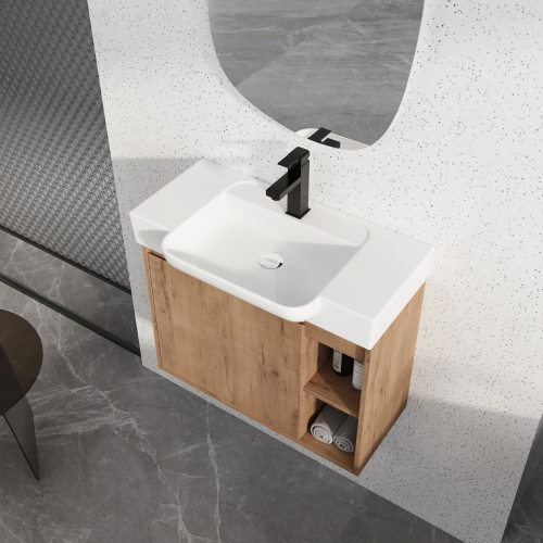 28-Inch Imitative Oak Plywood Vanity with Ceramic Sink & Soft-Close Door