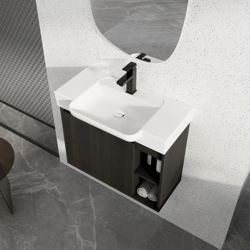 28-Inch Dark Oak Plywood Wall-Mounted Vanity with Ceramic Sink