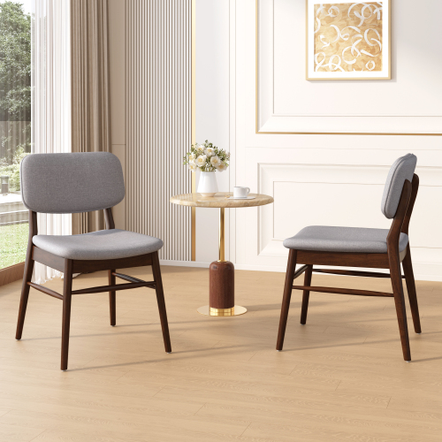 Set of 2 Mid-Century Light Gray Polyester & Walnut Rubberwood Dining Chairs