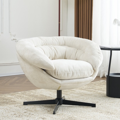 Beige Chenille 360° Swivel Accent Chair with Black Metal Base