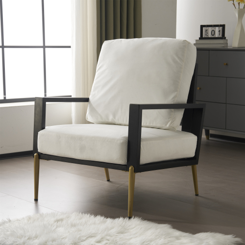 White Velvet Accent Chair with Rubberwood Frame and Metal Legs