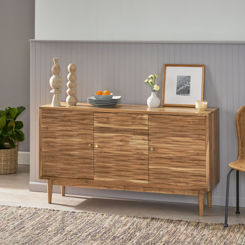 Natural Wood Three-Door Sideboard, 58-Inch-Wide Storage Cabinet