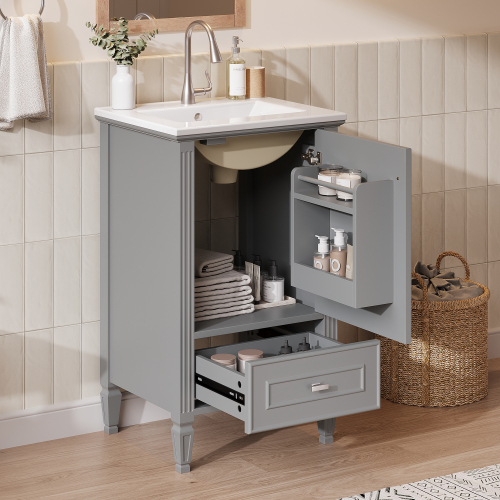 20-Inch Grey MDF Bathroom Vanity with Ceramic Sink and Rubber Wood Legs