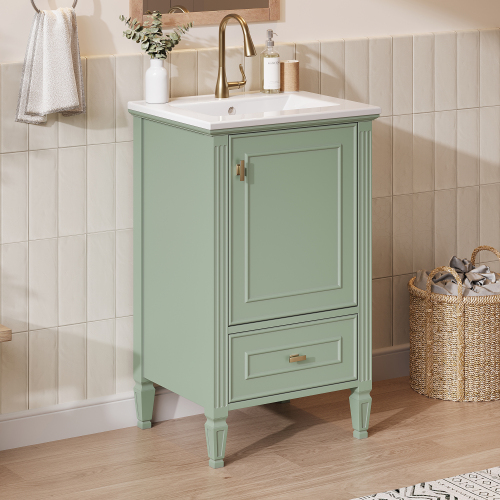 20-Inch Green MDF Bathroom Vanity with Ceramic Sink and Rubber Wood Legs