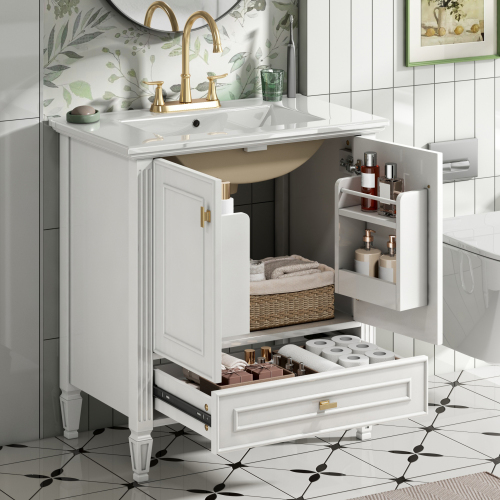 30-Inch White Bathroom Vanity with Ceramic Sink, MDF & Rubber Wood