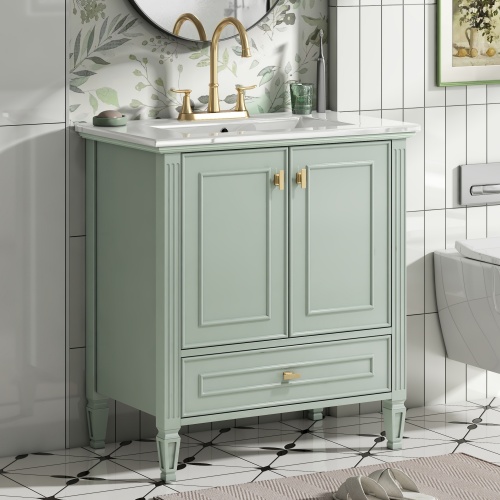 30-Inch Green Bathroom Vanity with Ceramic Sink, MDF & Rubber Wood