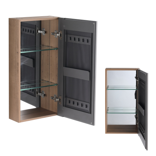 14-Inch Imitative Oak Wall-Mounted Glass and Plywood Mirror Cabinet