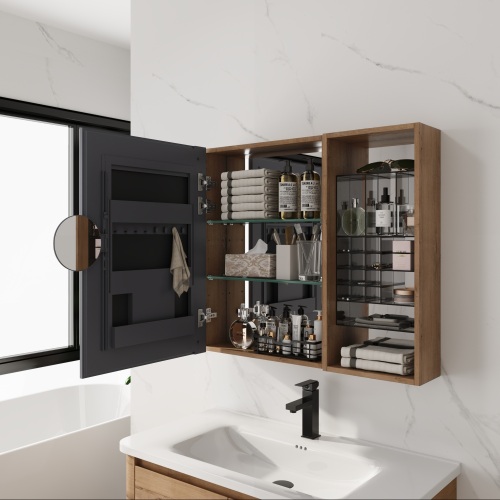 31.56-Inch Imitative Oak Plywood Mirror Cabinet with Glass Shelves
