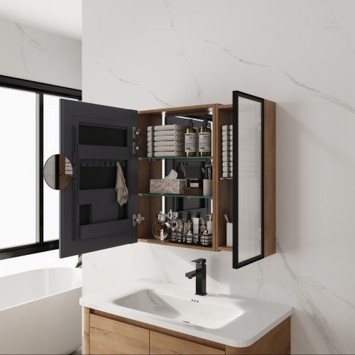 Imitative Oak Wall-Mounted Mirror Cabinet, 19.75-Inch Glass & Plywood
