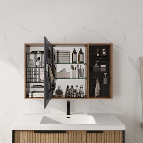 43.7-Inch Imitative Oak Plywood Bathroom Mirror Cabinet with Glass Door