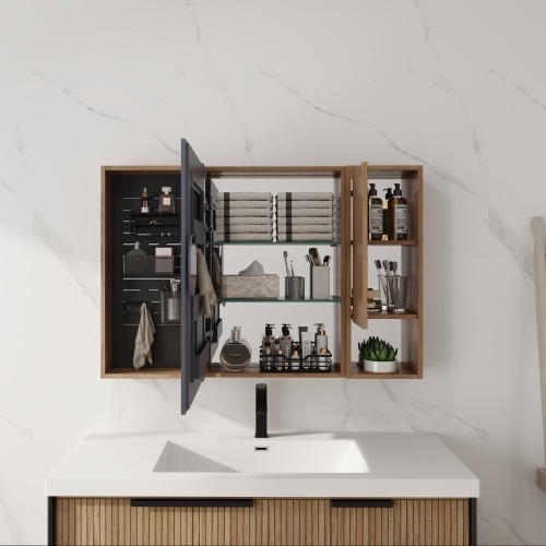 41.7-Inch Imitative Oak Glass and Plywood Bathroom Mirror Cabinet