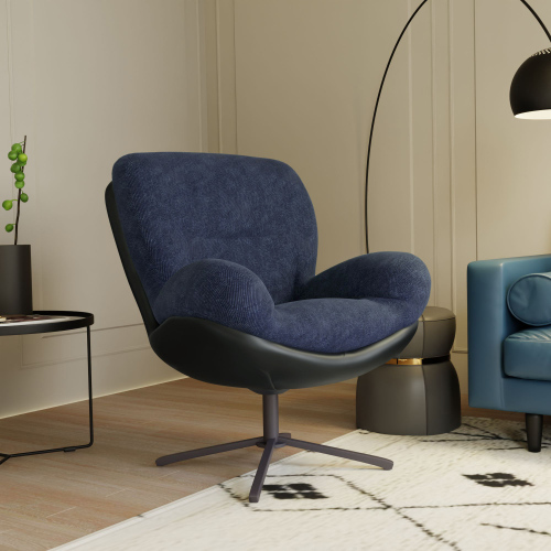 Navy Blue Chenille 360° Swivel Accent Chair with Faux Leather