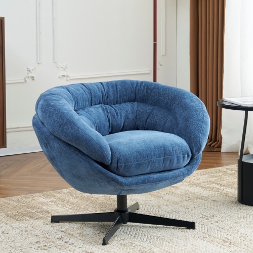 Navy Blue Chenille 360° Swivel Accent Chair with Black Metal Base