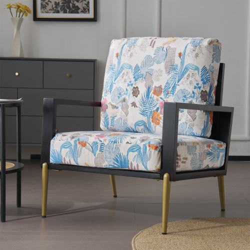 29-Inch Antique Blue and Black Floral Velvet Chair with Rubberwood Frame