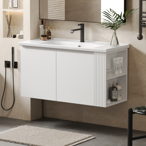 36-Inch White Floating Bathroom Vanity with Ceramic Sink, MDF
