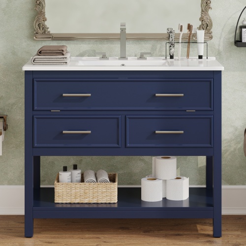 36-Inch Blue MDF Bathroom Vanity with Ceramic Sink and Drawers