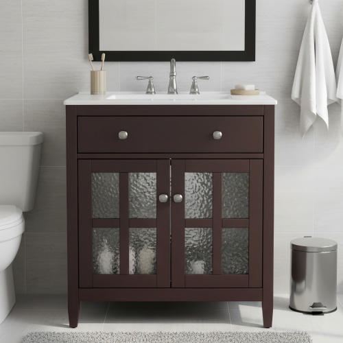 30-Inch Dark Brown Bathroom Vanity with Ceramic Sink and Wood Legs