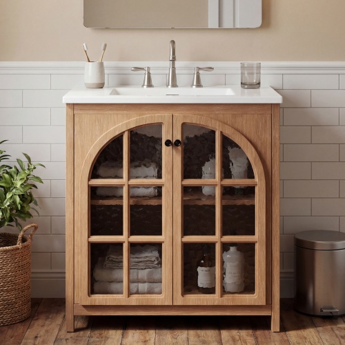 30-Inch Natural MDF and Rubber Wood Vanity with Ceramic Sink