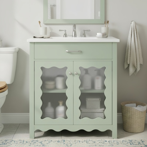 30-Inch Green MDF Bathroom Vanity with Rubber Wood Legs