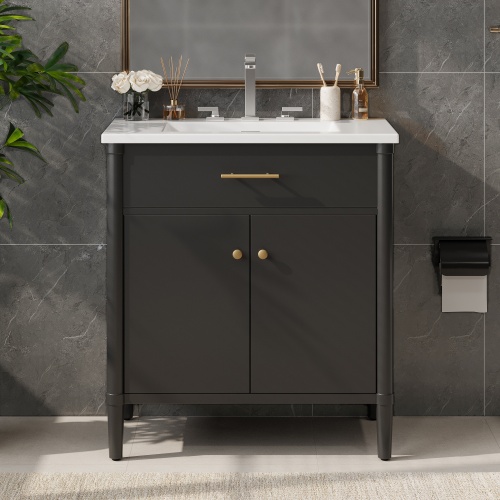 30-Inch Black Bathroom Vanity with Sink, MDF and Rubber Wood