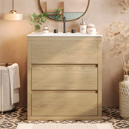30-Inch Natural MDF Bathroom Vanity with Ceramic Sink and Drawers