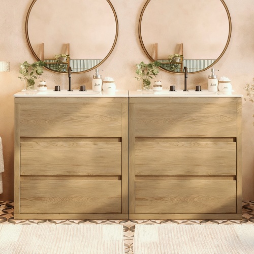 60-Inch Natural MDF Double-Sink Bathroom Vanity with Drawers