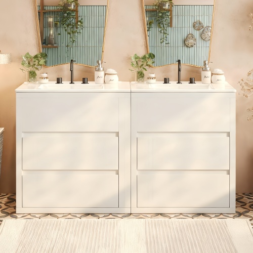 60-Inch White MDF Double-Sink Bathroom Vanity with Ceramic Basins