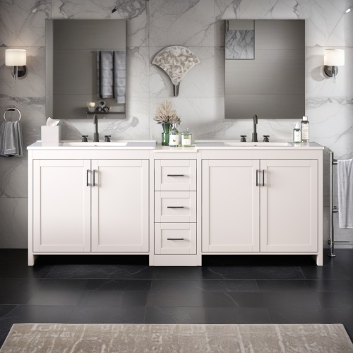 84-Inch White MDF Double-Sink Bathroom Vanity with Quartz Top