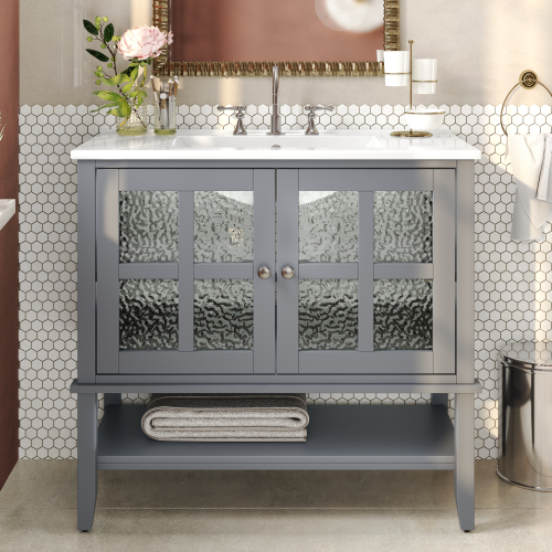 36-Inch Gray Bathroom Vanity with Ceramic Sink, Solid Wood, MDF & Glass