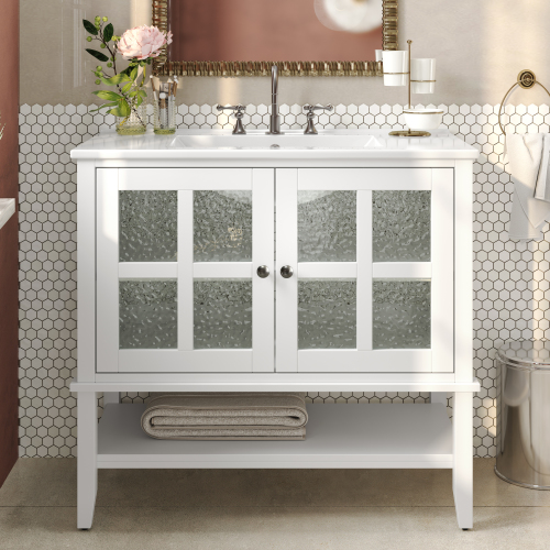 36-Inch White Solid Wood, MDF and Glass Bathroom Vanity with Ceramic Sink