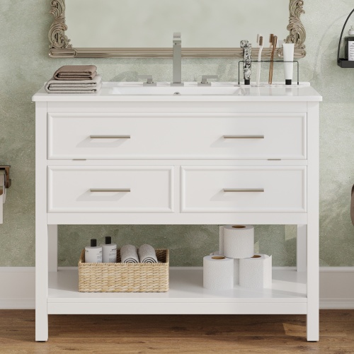 36-Inch White MDF Bathroom Vanity with Ceramic Sink and Drawers