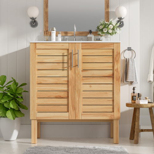 30-Inch Natural Brown MDF Bathroom Vanity Set with Ceramic Sink